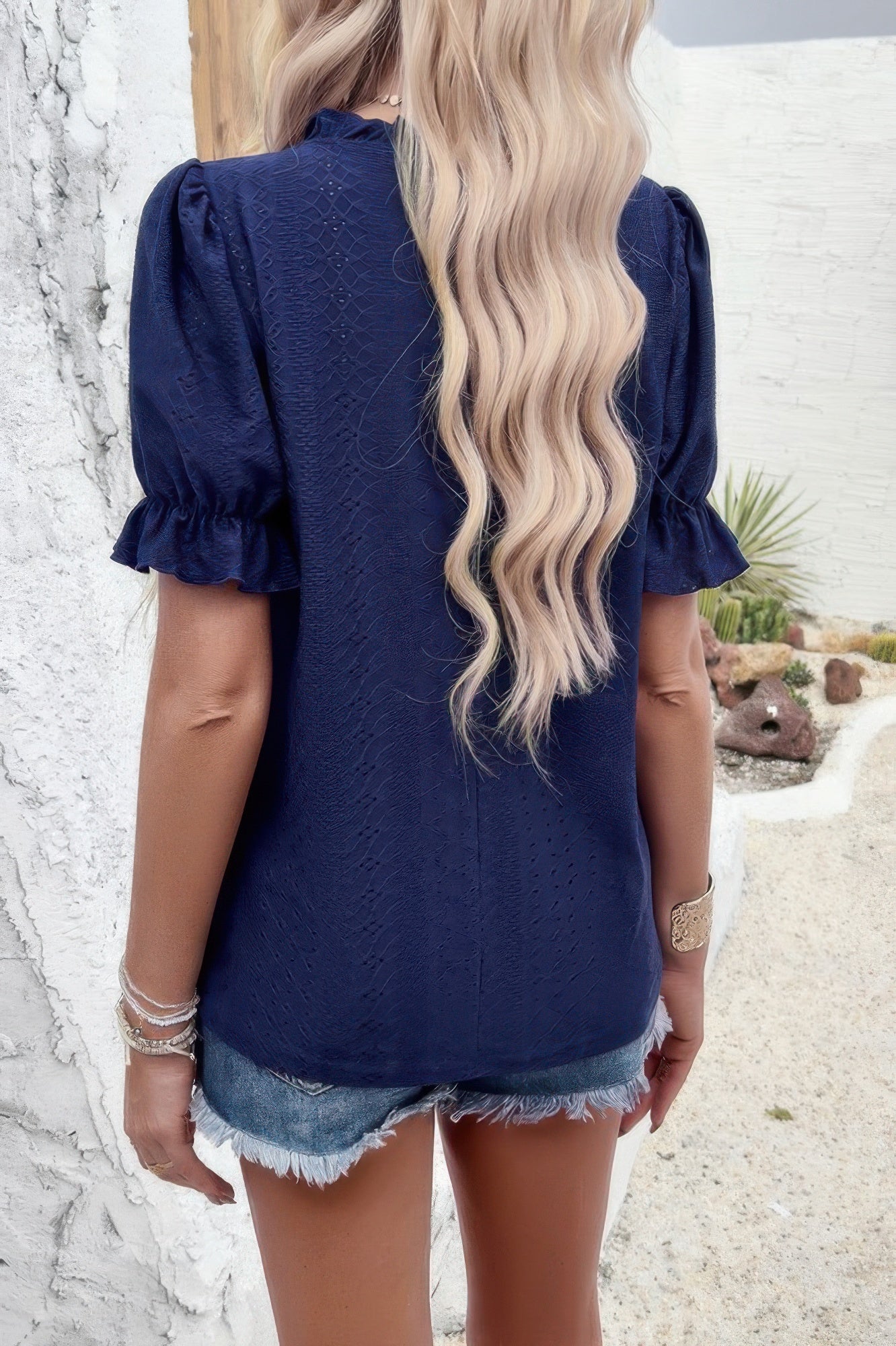 Round Neck Embroidery Ruffle Sleeve Loose Fit Shirt
