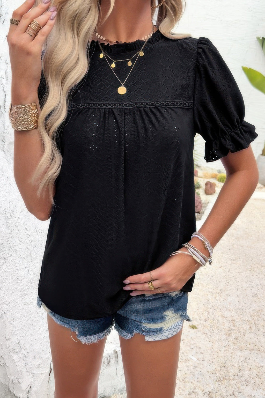 Round Neck Embroidery Ruffle Sleeve Loose Fit Shirt