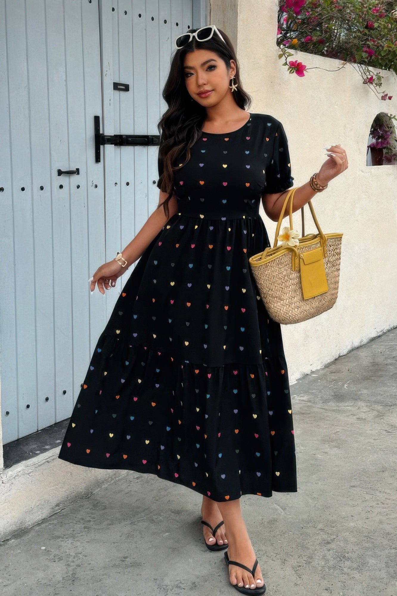 Plus Heart Print Round Neck Ruffle Hem Dress