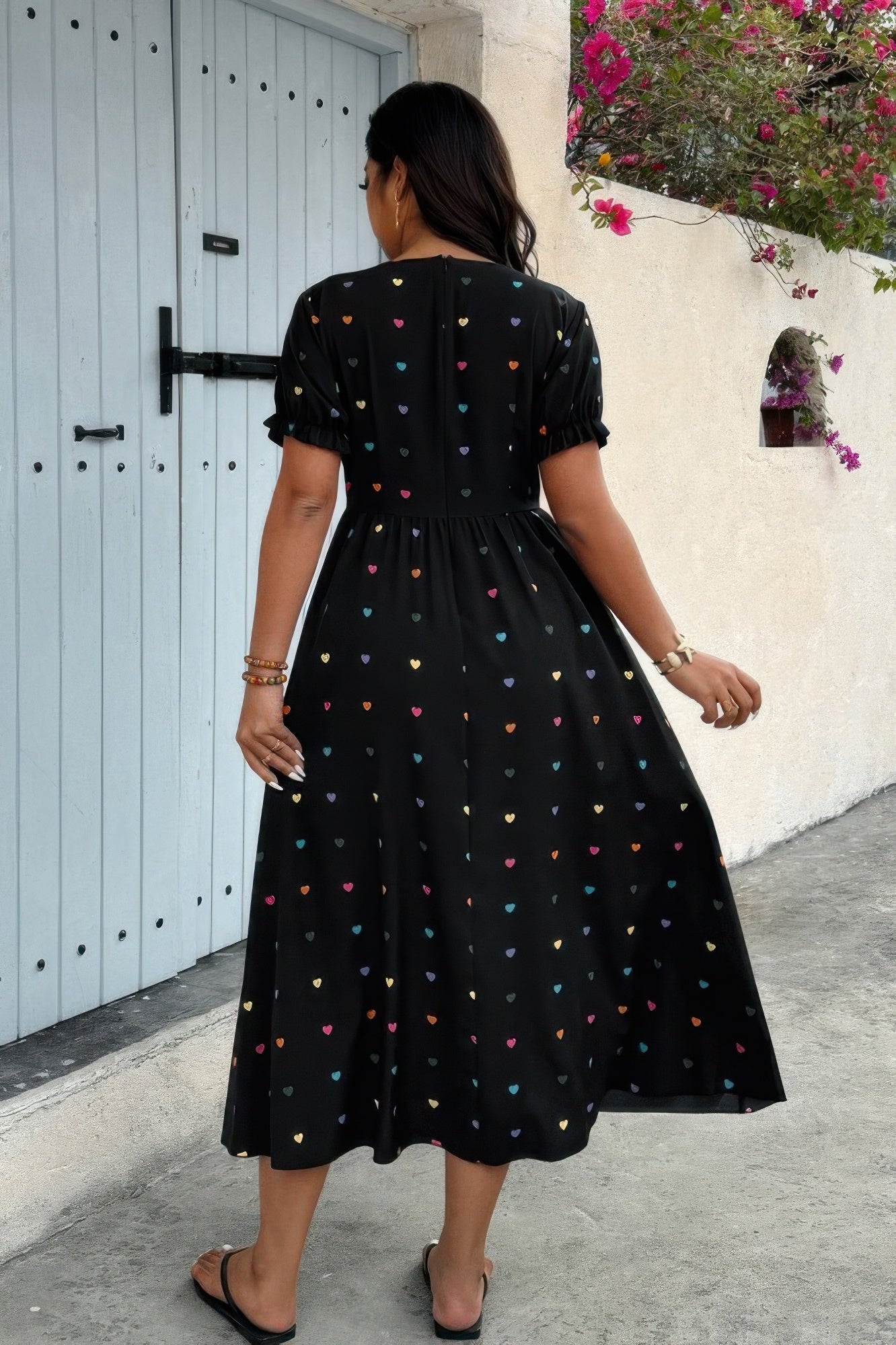 Plus Heart Print Round Neck Ruffle Hem Dress