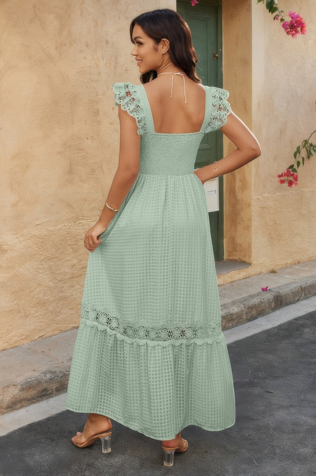 Solid Sleeveless Lace Patchwork Textured Dress