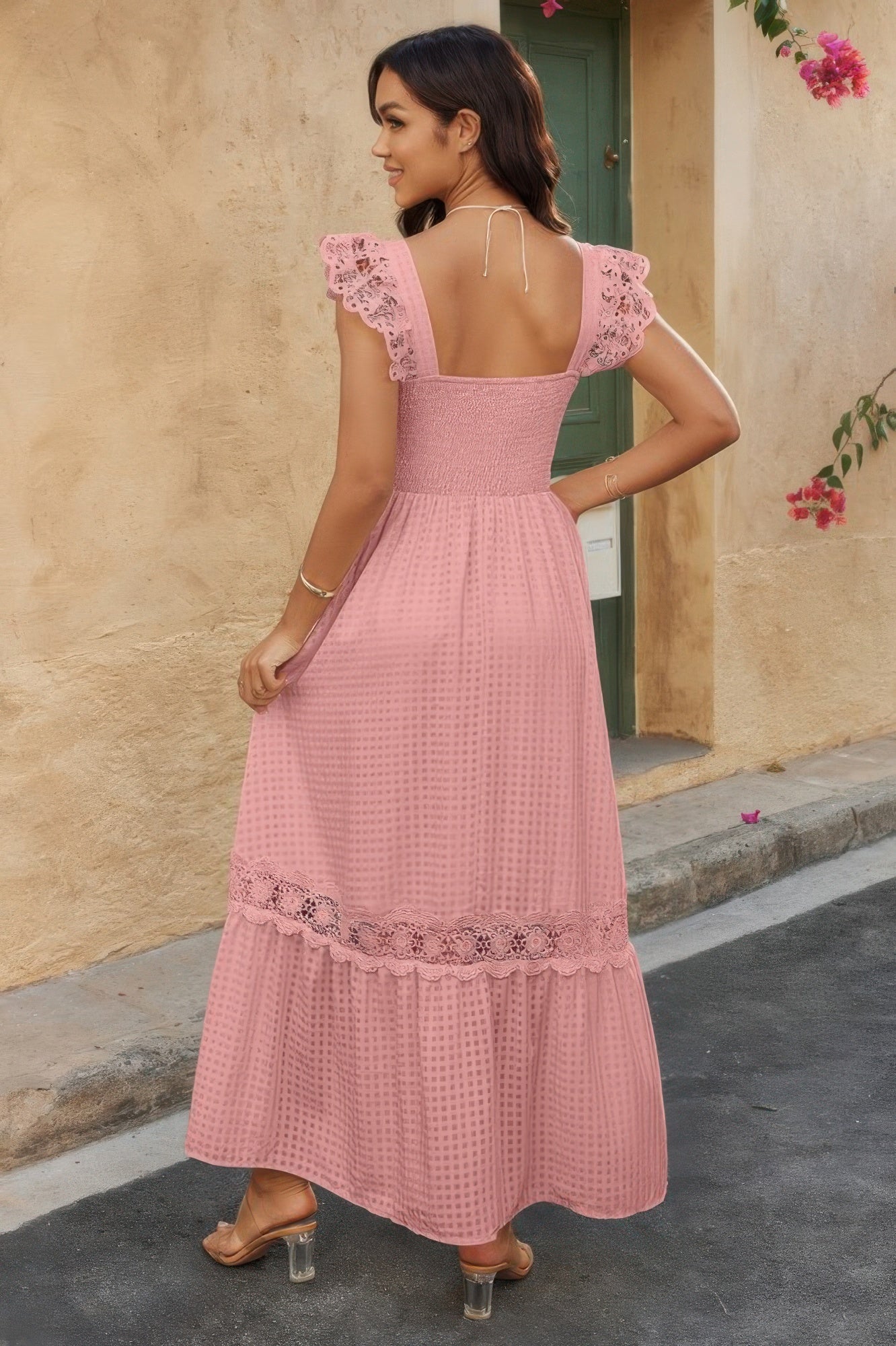 Solid Sleeveless Lace Patchwork Textured Dress