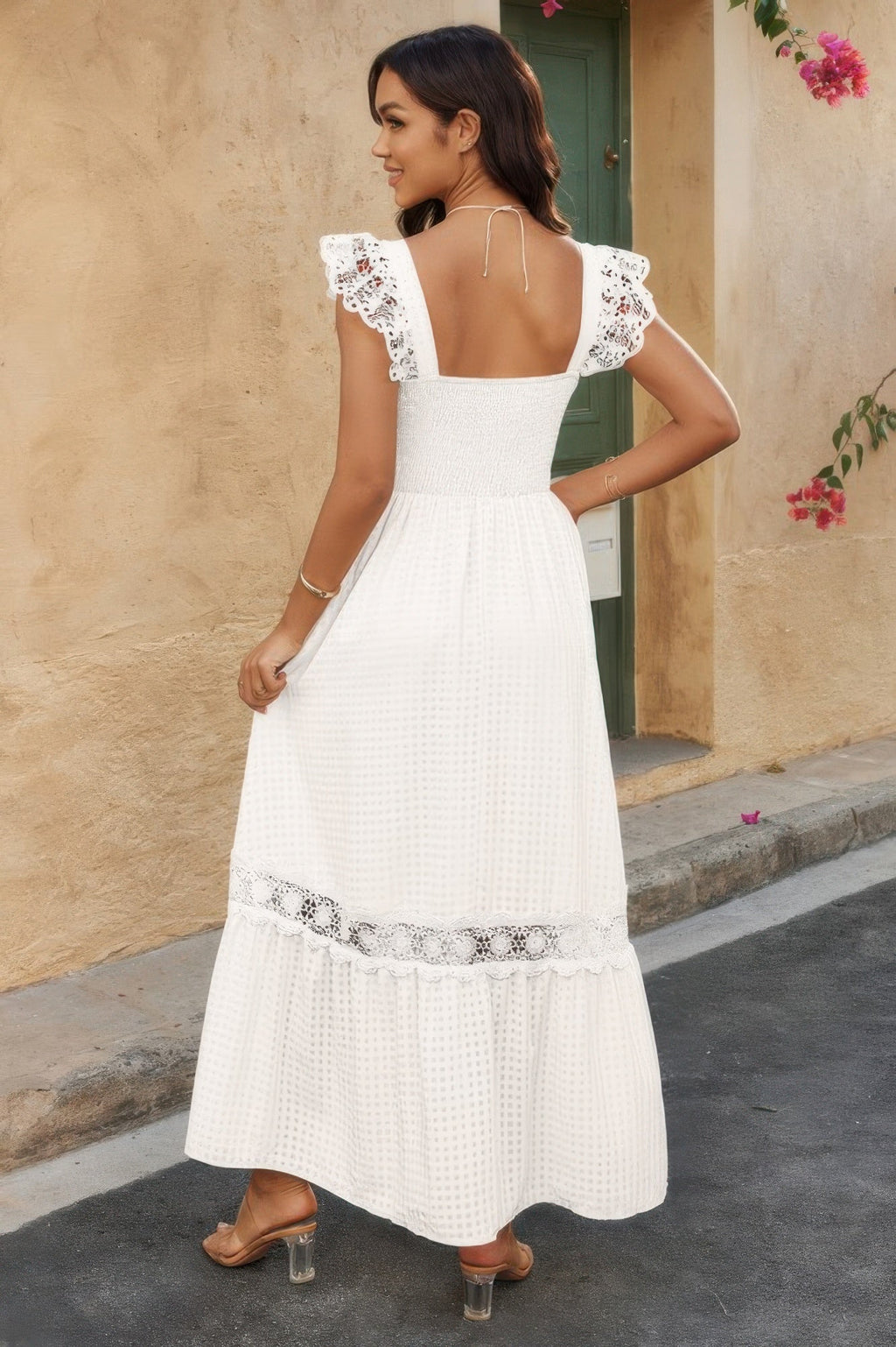 Solid Sleeveless Lace Patchwork Textured Dress