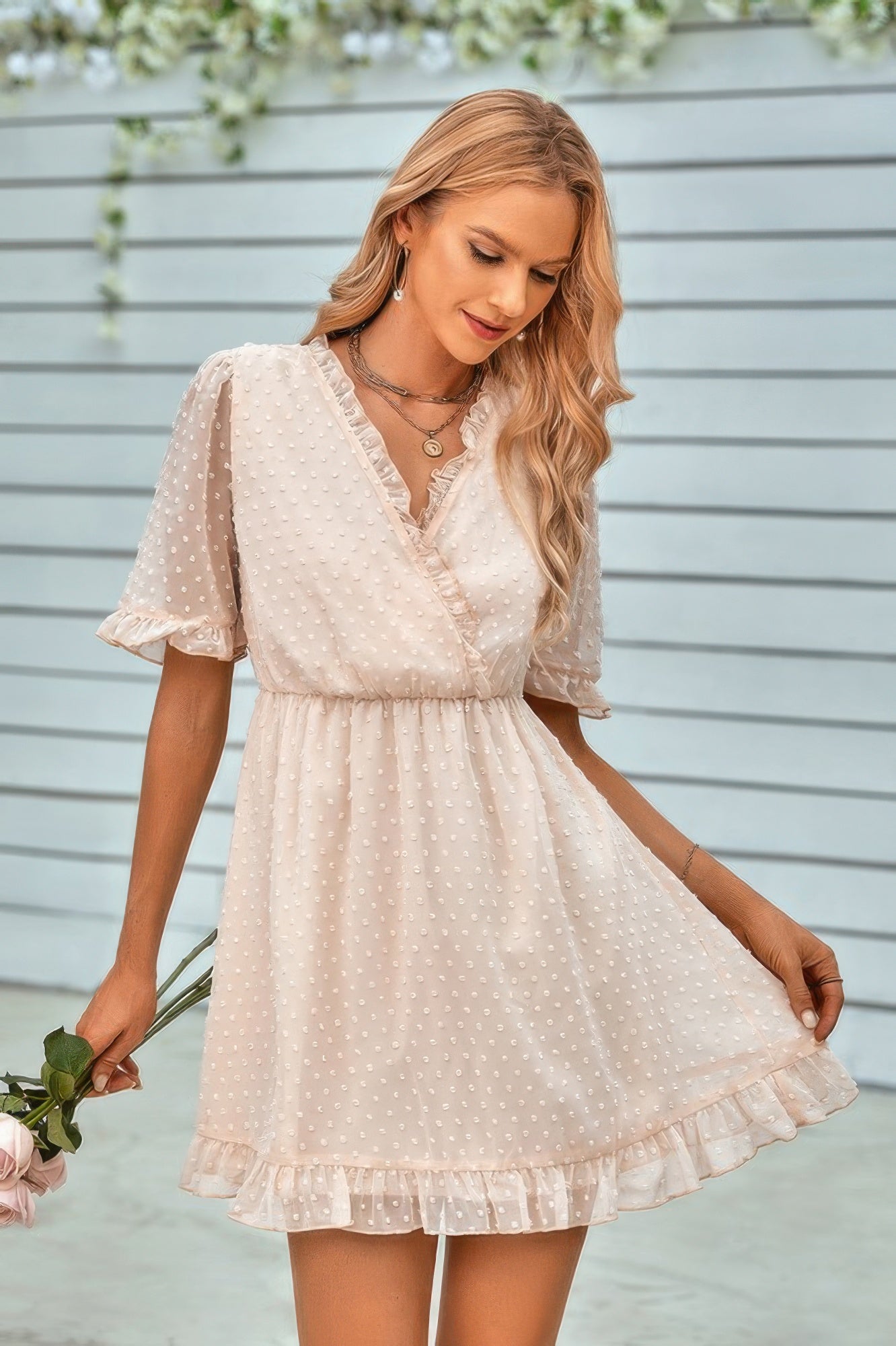 Solid Ruffle Hem Swiss Dot Short Sleeve Midi Dress