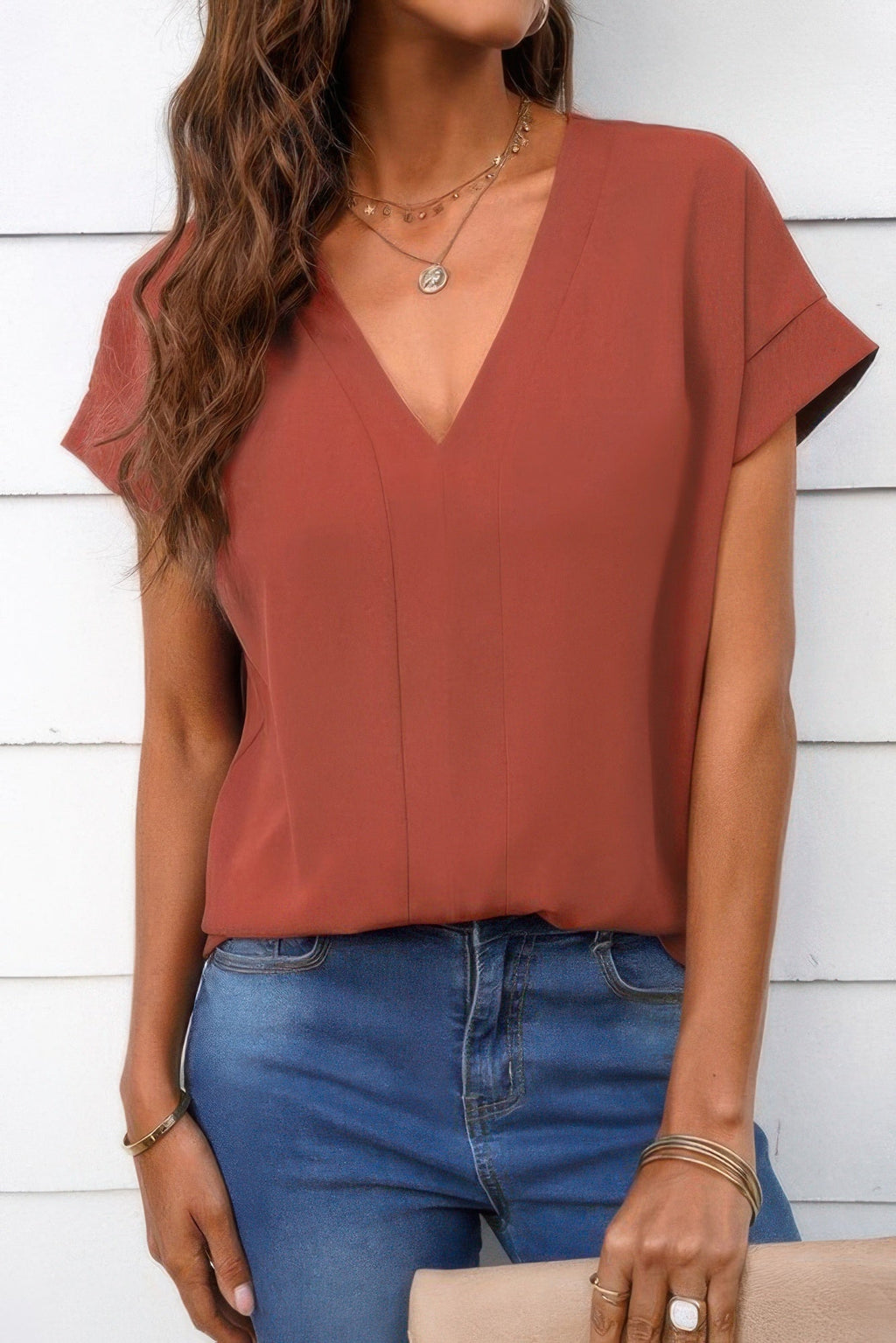 Solid V Neck Short Sleeve Loose Fit Shirt
