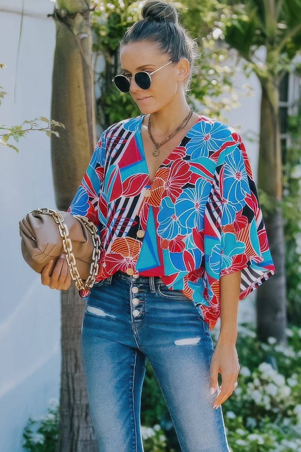 V Neck Button Kimono Sleeve Top