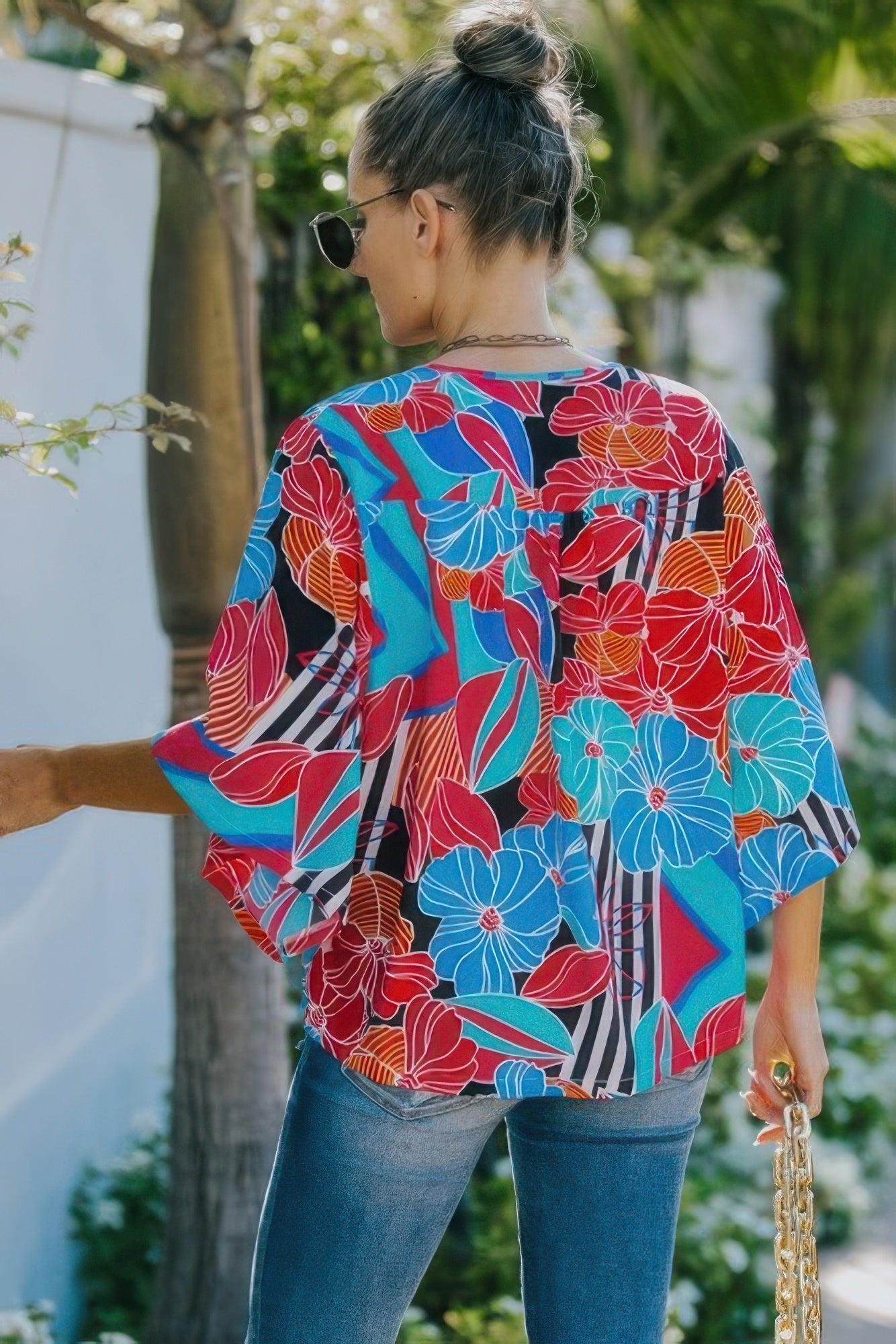 V Neck Button Kimono Sleeve Top