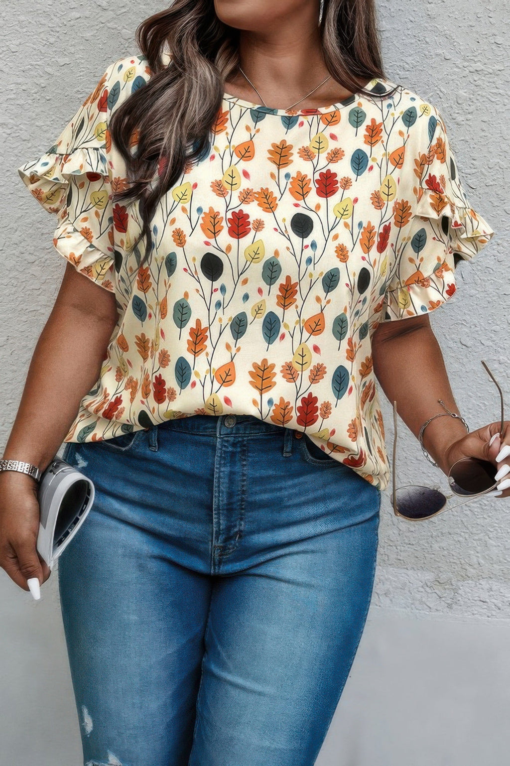 Plus Round Neck Floral Flounce Sleeve Loose Shirt