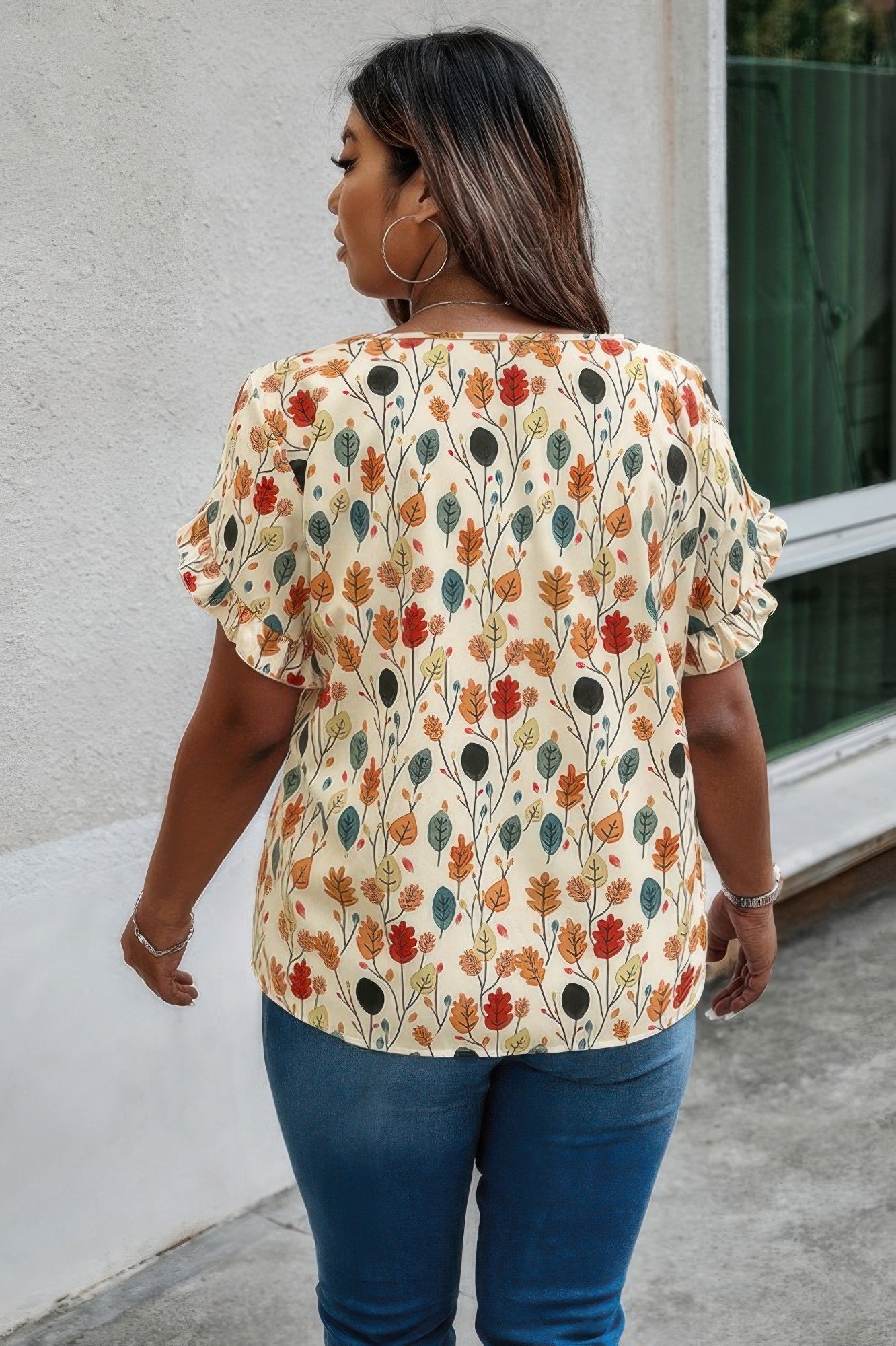 Plus Round Neck Floral Flounce Sleeve Loose Shirt