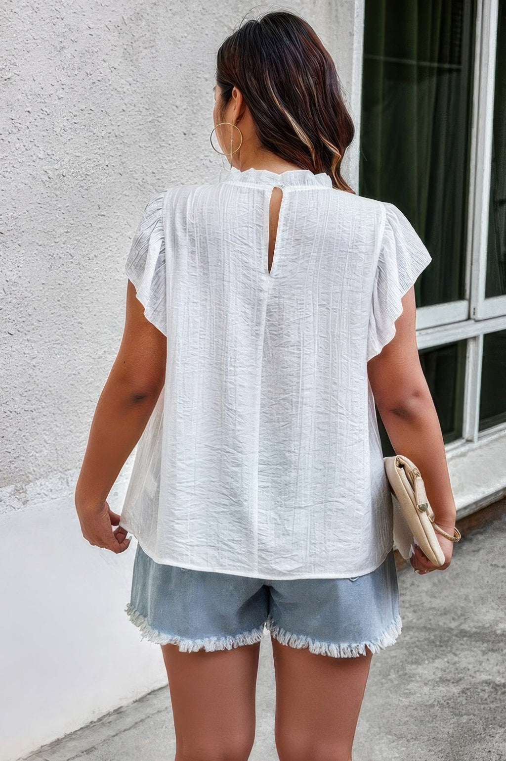 Plus Hollow Out Frill Collar Cap Sleeves Shirt