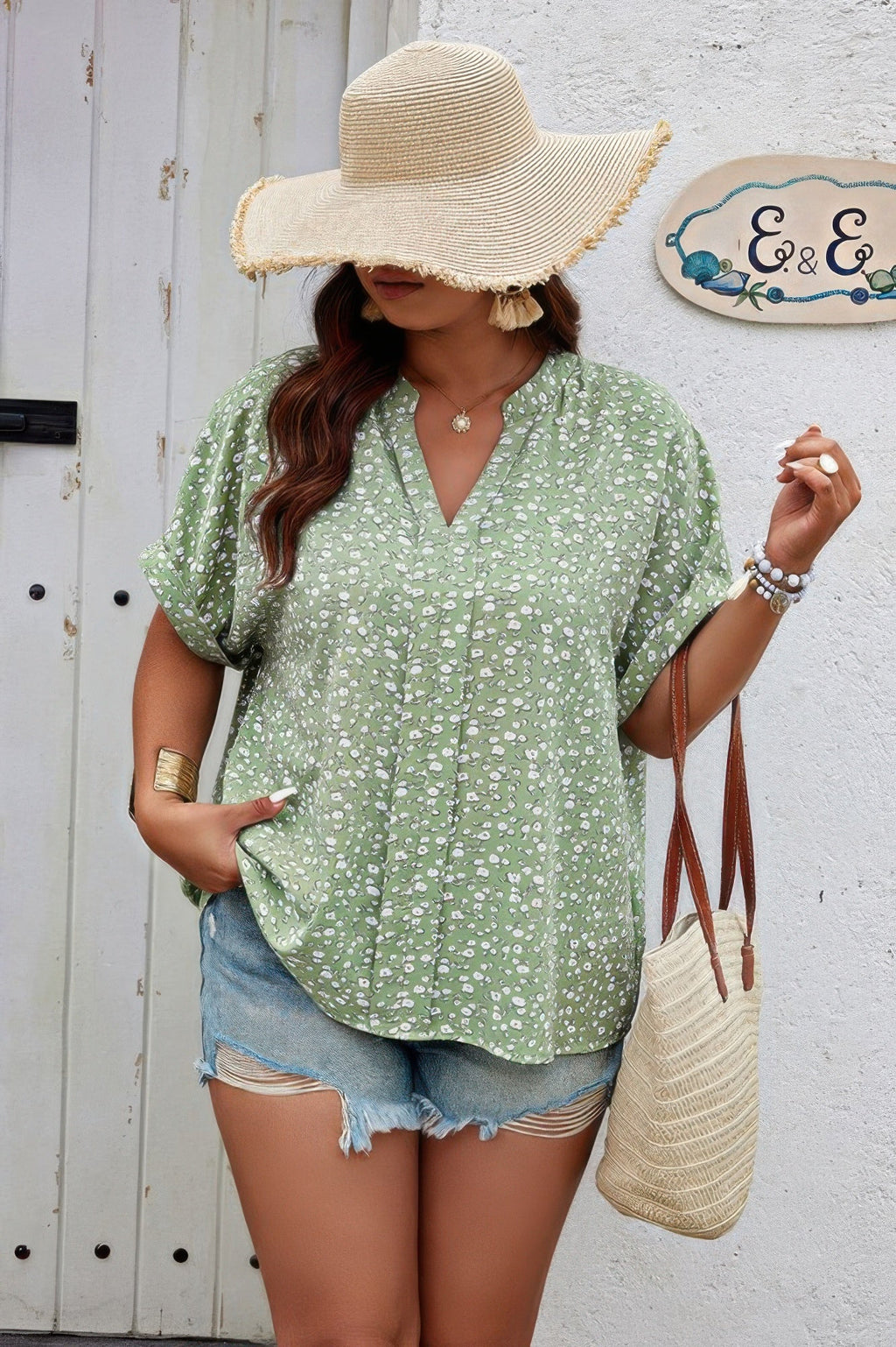 Plus Floral Print V Neck Short Sleeve Loose Blouse