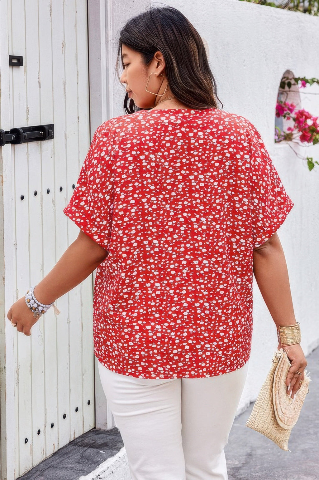 Plus Floral Print V Neck Short Sleeve Loose Blouse