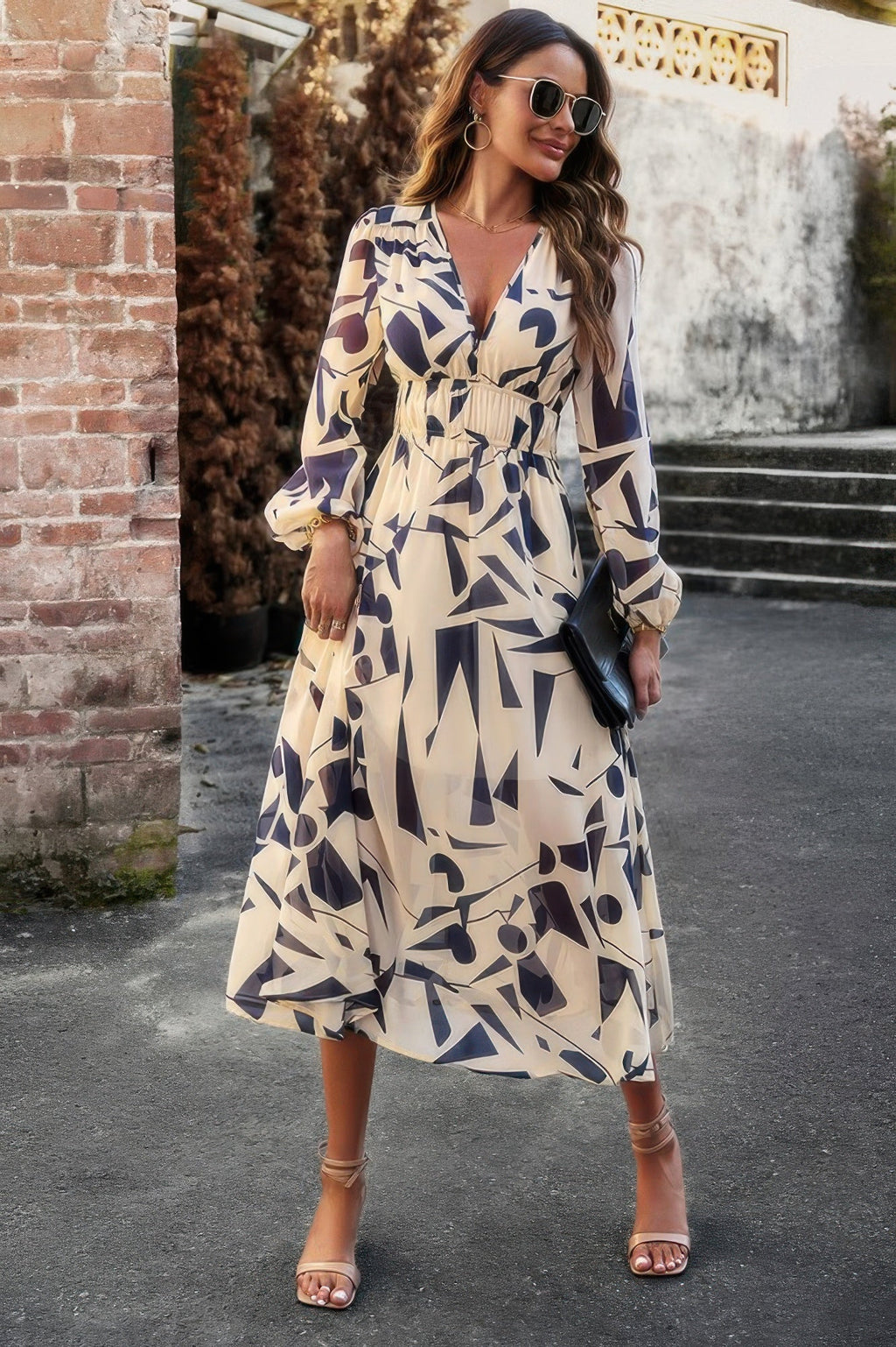 Boho V Neck A Line High Waist Long Sleeve Dress