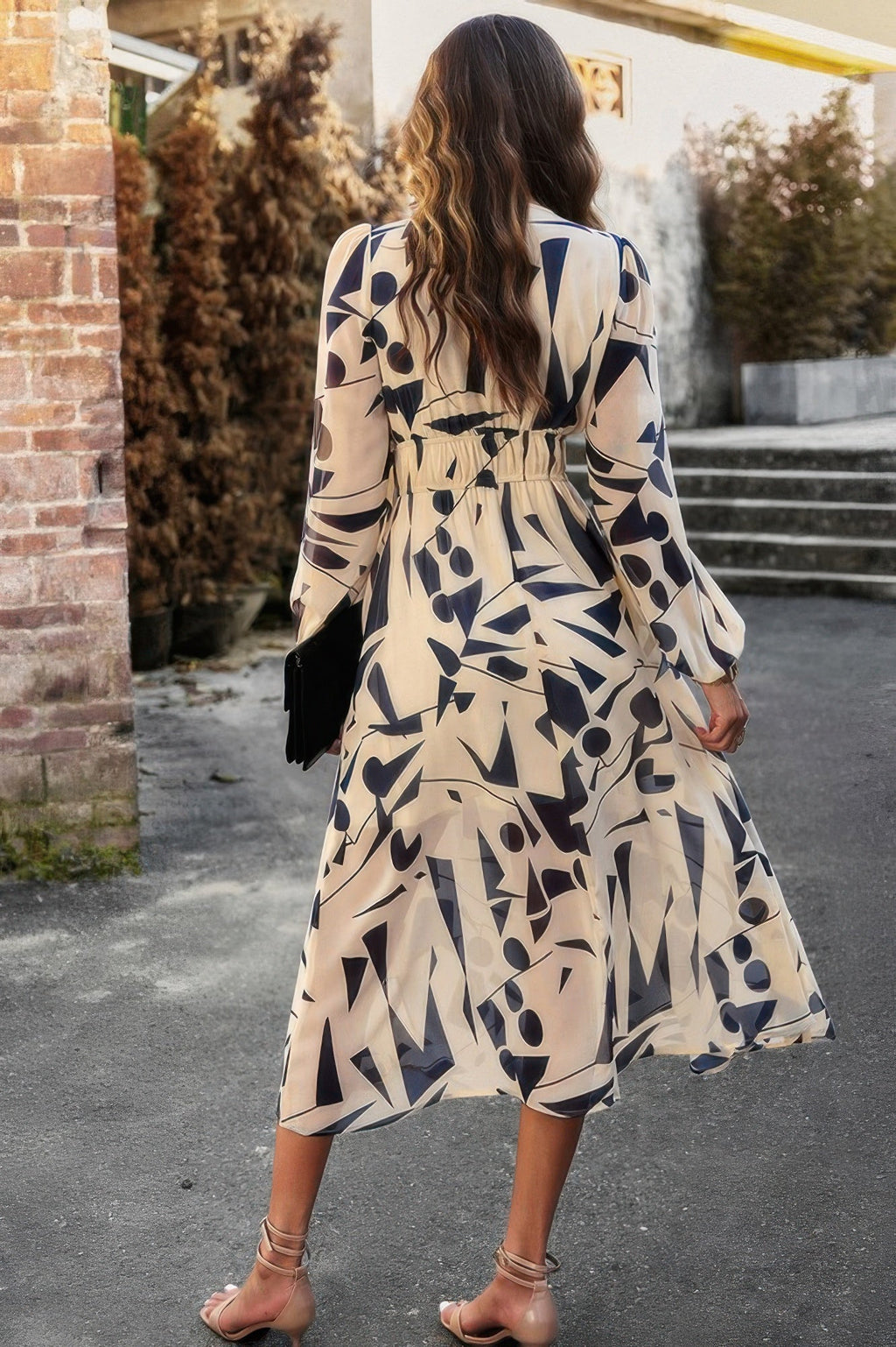 Boho V Neck A Line High Waist Long Sleeve Dress