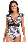 Deep V Neck Ruffle Color Block Lace Swimsuit