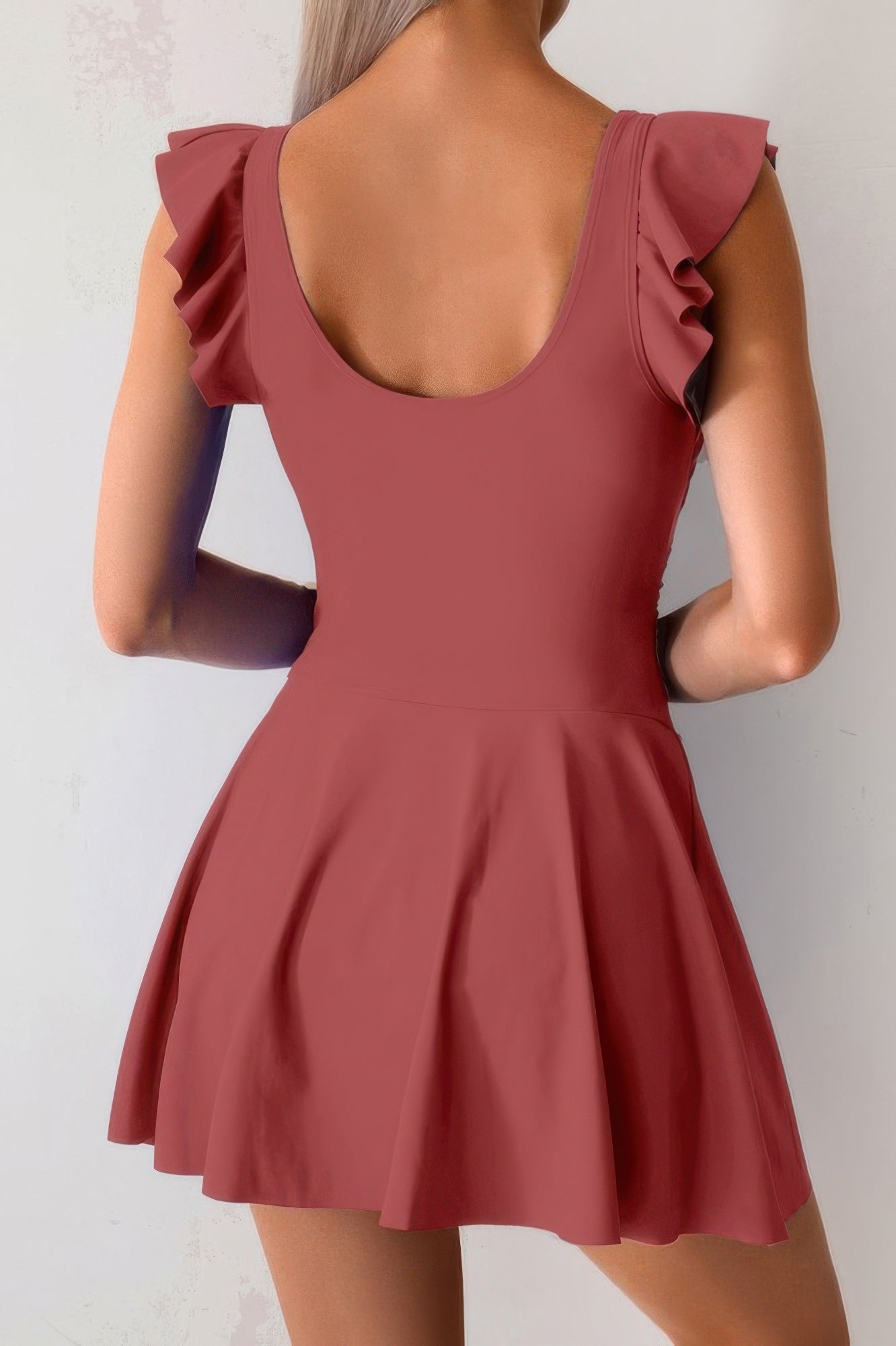 Solid Ruffle Knot Square Neck Fit Swim Dresses