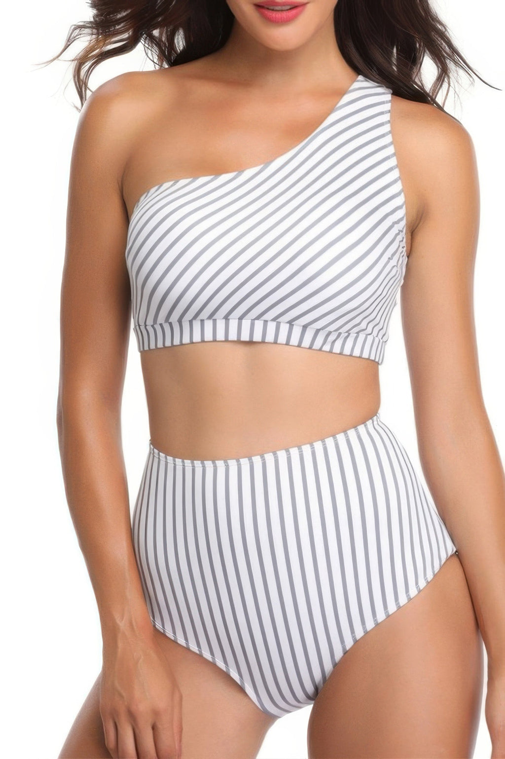 Solid Two Pieces One Shoulder High Cut Swimsuit