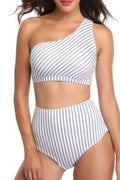 Solid Two Pieces One Shoulder High Cut Swimsuit