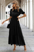 Cut Out Waist Ruffle Hem Puff Sleeves Fit Dress