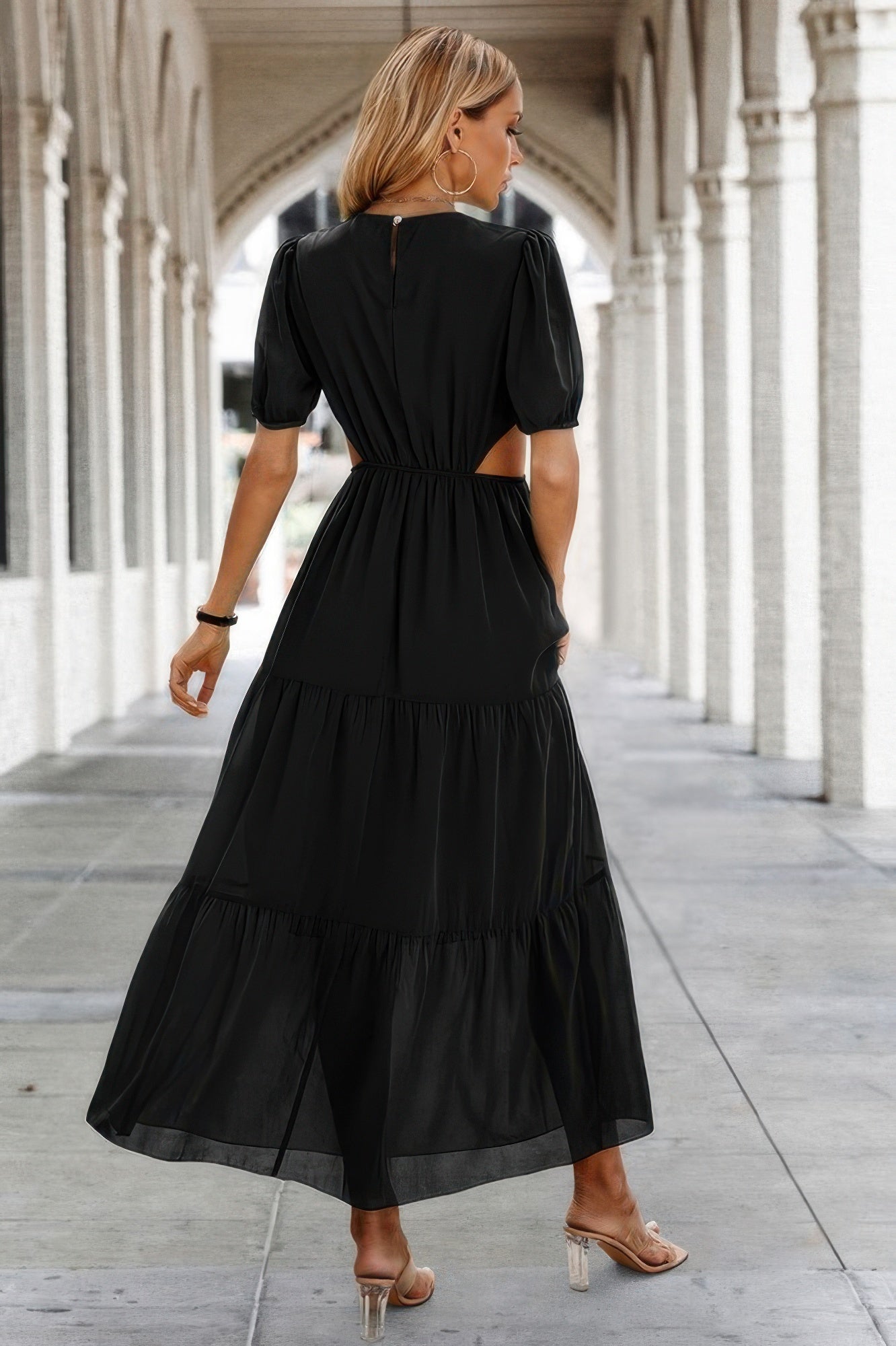 Cut Out Waist Ruffle Hem Puff Sleeves Fit Dress