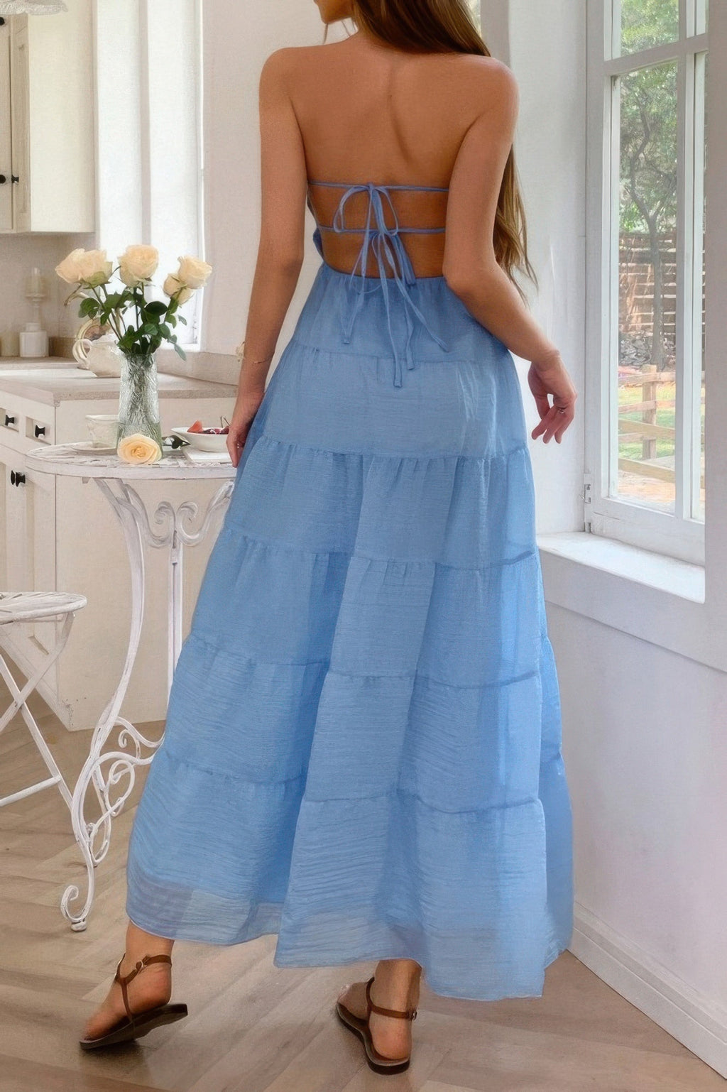 Solid Halter Ruched Textured Tiered Full Dress