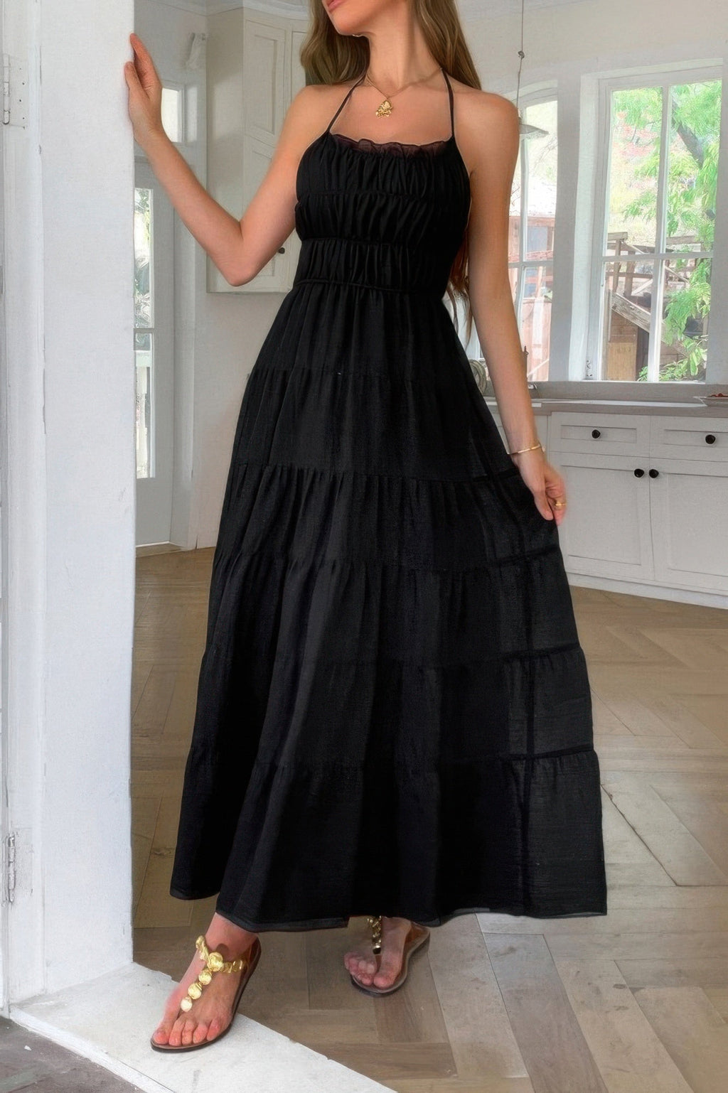 Solid Halter Ruched Textured Tiered Full Dress