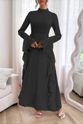 Solid Stand Collar Flare Sleeve Ruffle Full Dress
