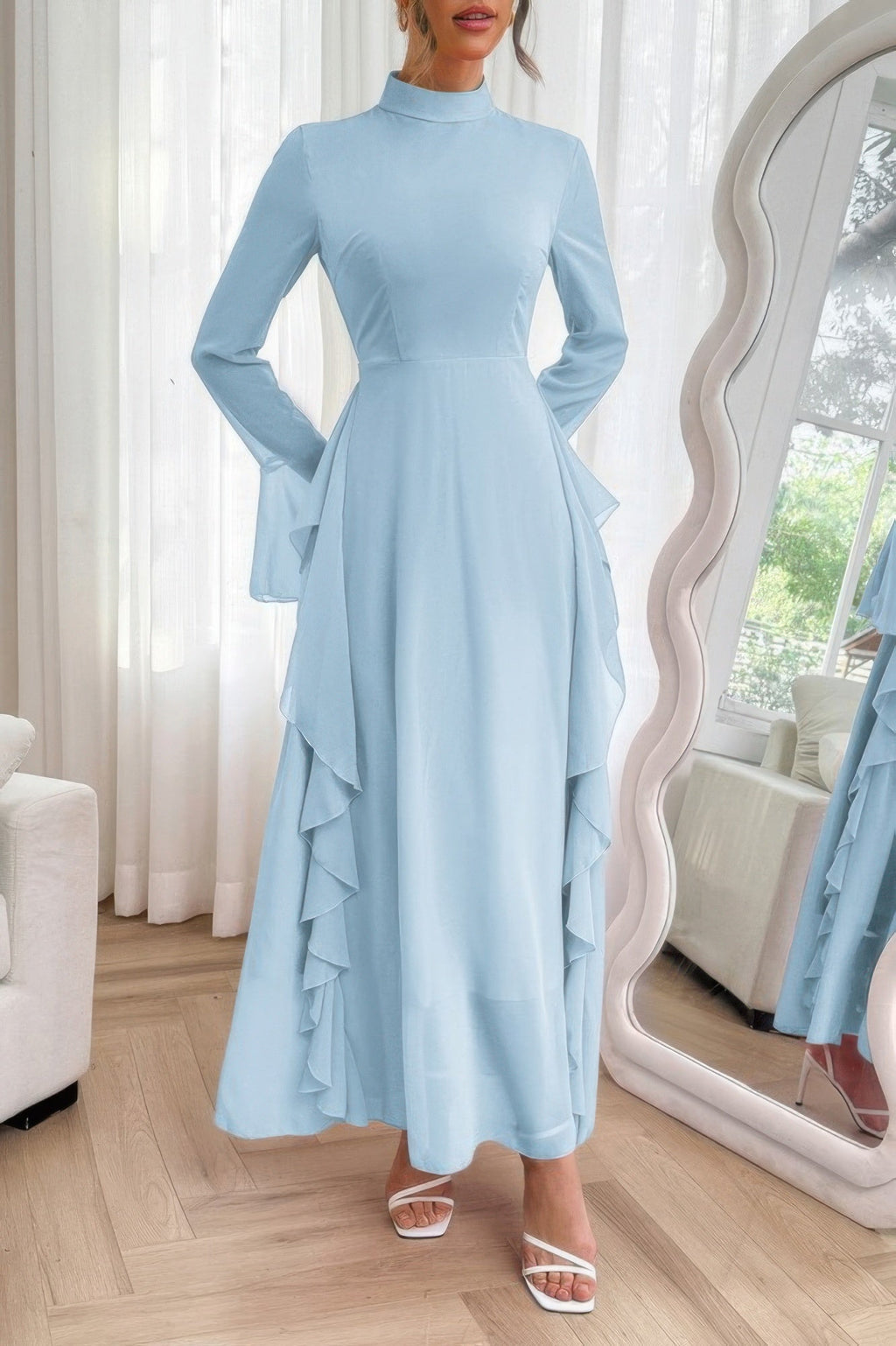 Solid Stand Collar Flare Sleeve Ruffle Full Dress