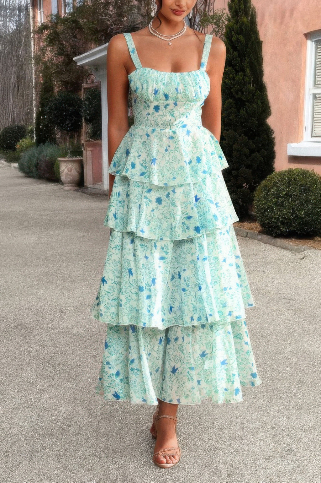 Floral Sleeveless Tie Back Tiered Full Dress