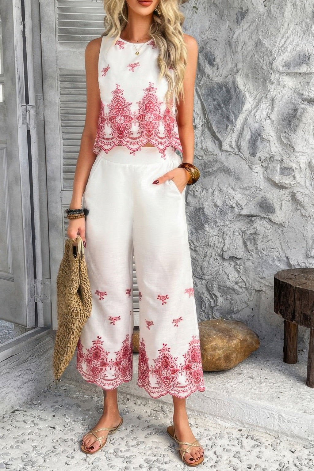 Two Pieces Tile Inspired Embroidery Sleeveless Set