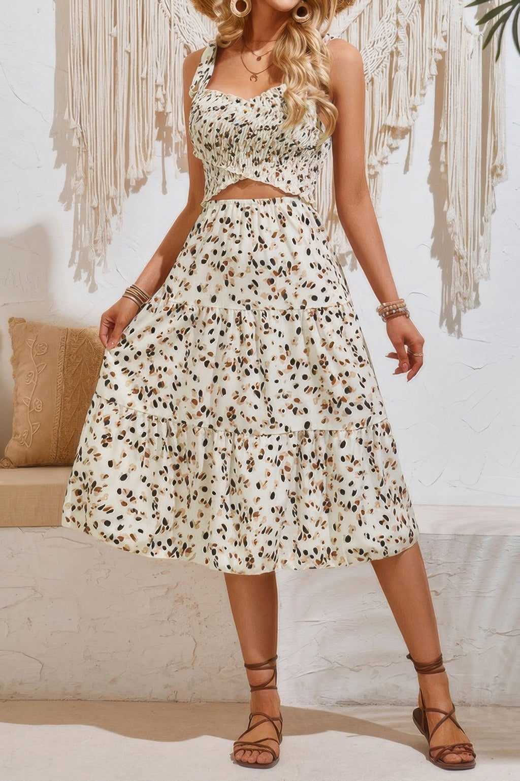 Square Neck Leopard Cut Out Elastic Waist Dress