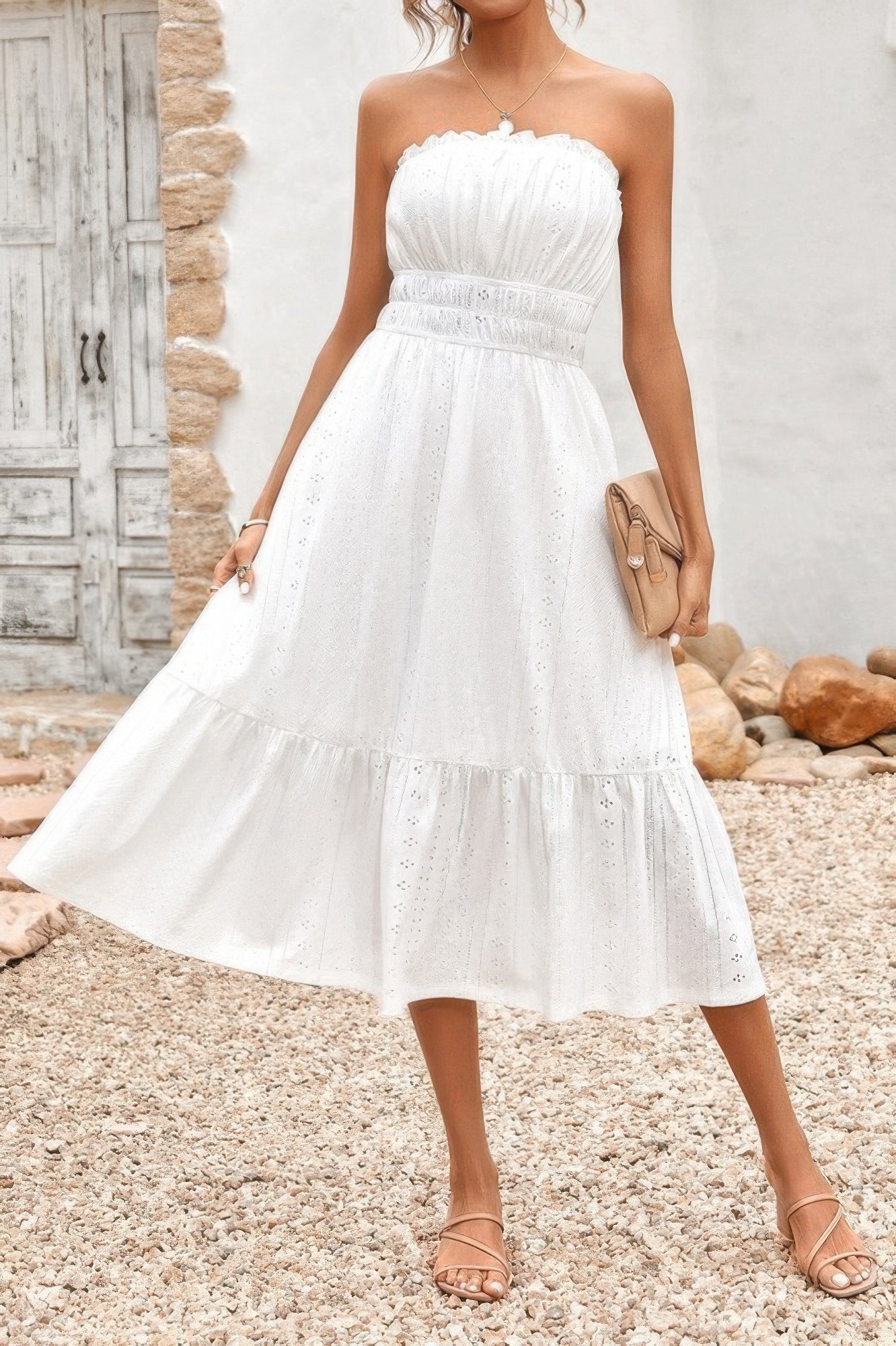 Solid Off Shoulder Elastic Waist Ruffle Dress