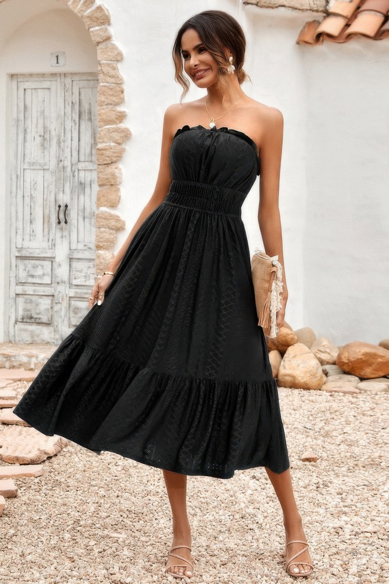 Solid Off Shoulder Elastic Waist Ruffle Dress