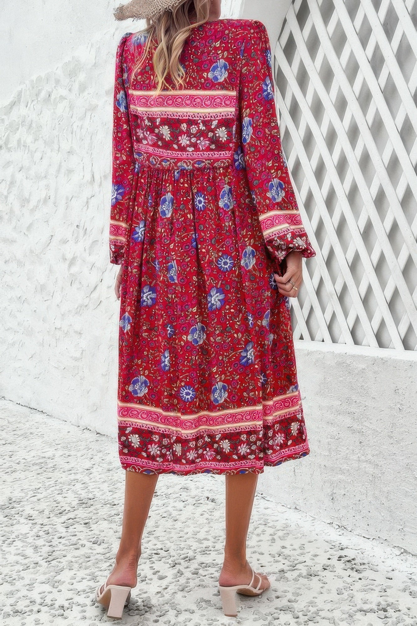 Cross Knot Floral Print Loose Fit V Neck Dress