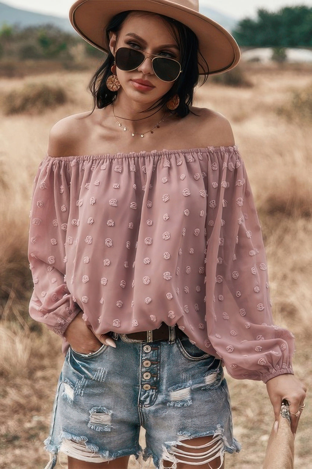 Off Shoulder Swiss Dot Long Sleeve Loose Top