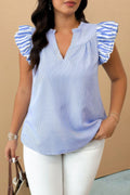 Plus Size Striped V Neck Flutter Sleeve Blouse