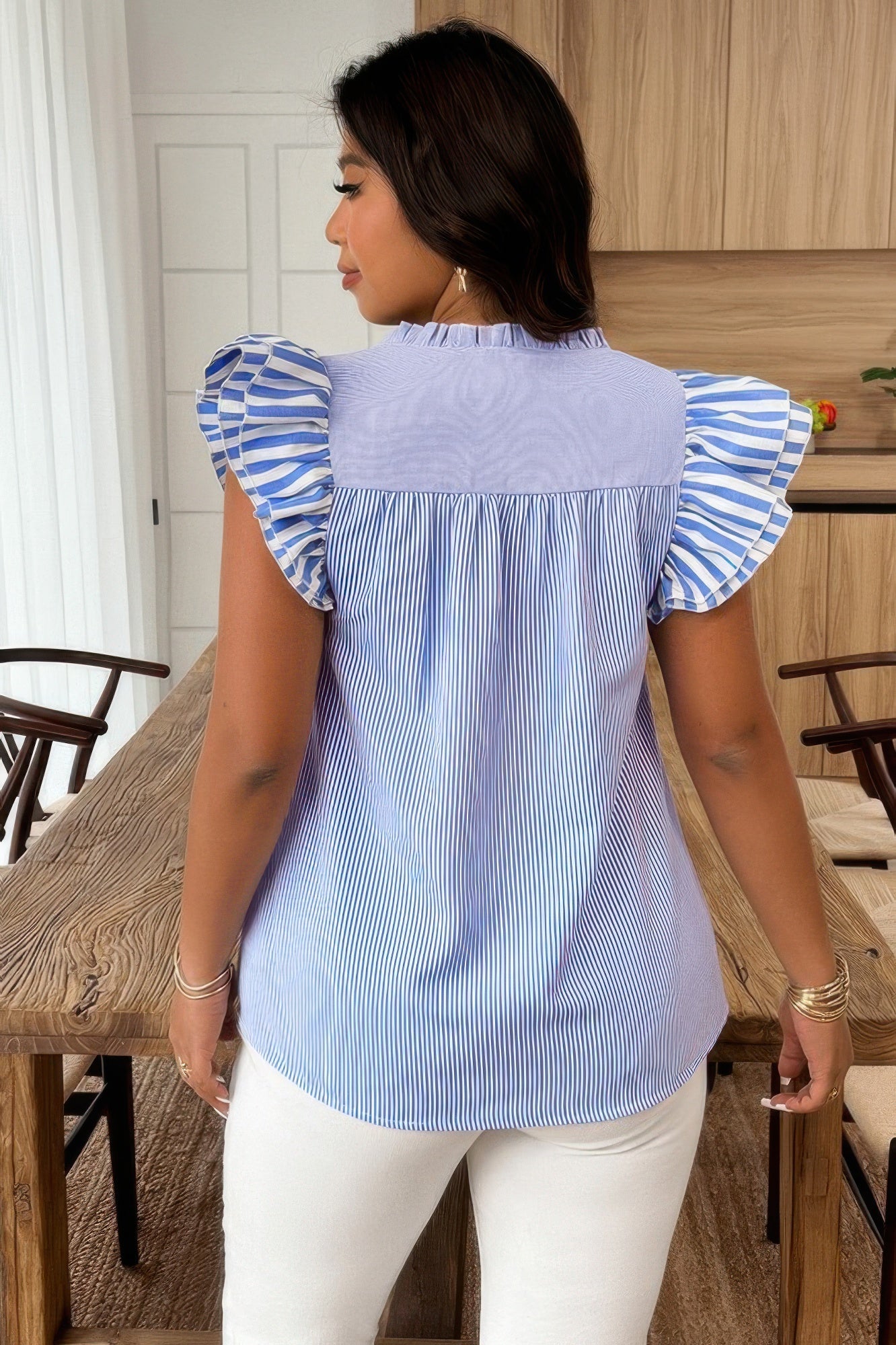 Plus Size Striped V Neck Flutter Sleeve Blouse