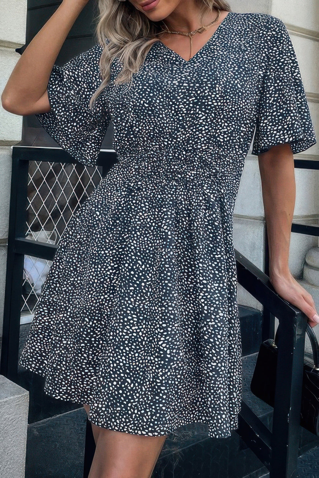 V Neck Leopard Print Ruffled Mini Dress