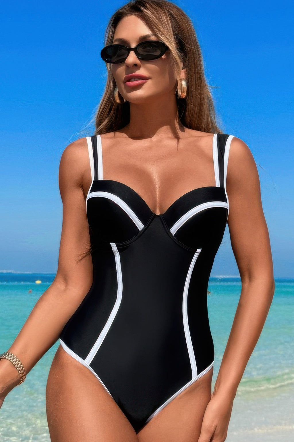 Stripe Sweetheart Neckline One Piece Swimsuit