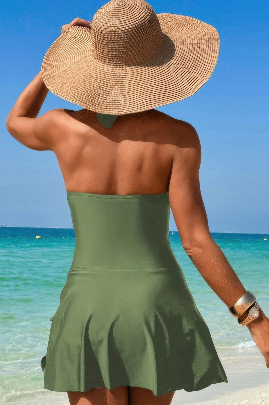 Halter Neck Twisted Tie Knot Front Dress Swimsuit