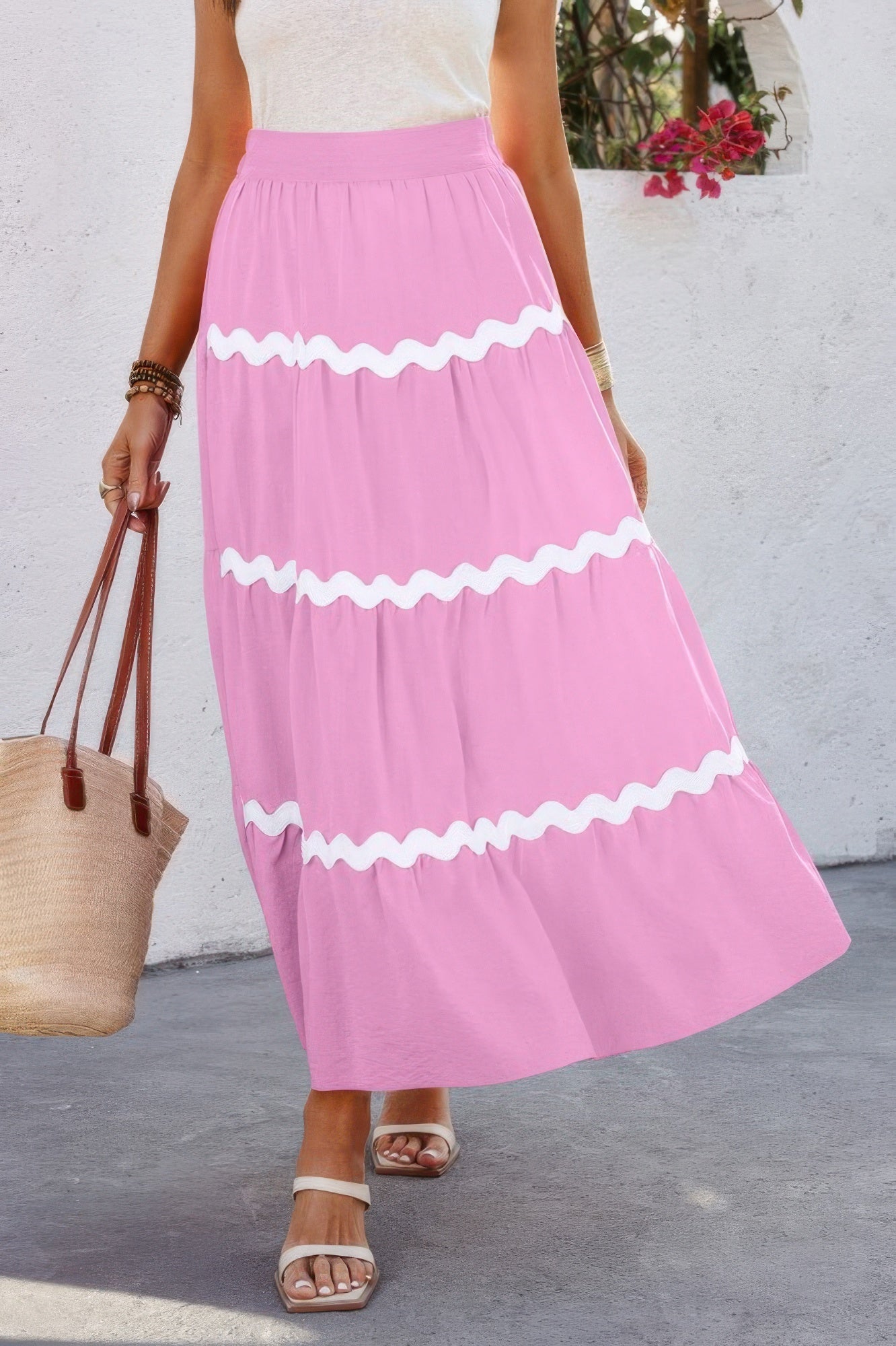 Waves Print Pleated Elastic Waist Band Skirt