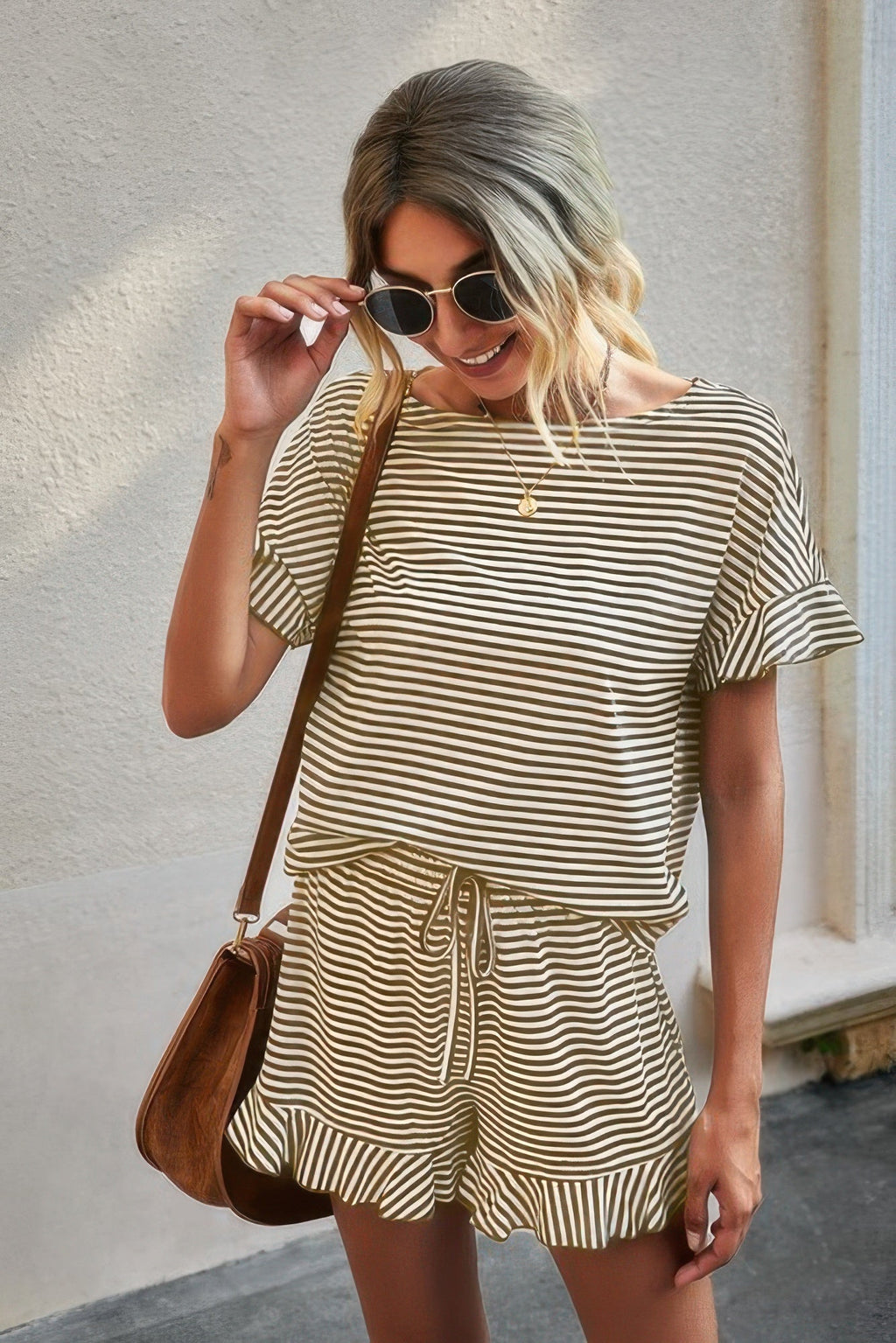 Round Neck Striped Top Short Set