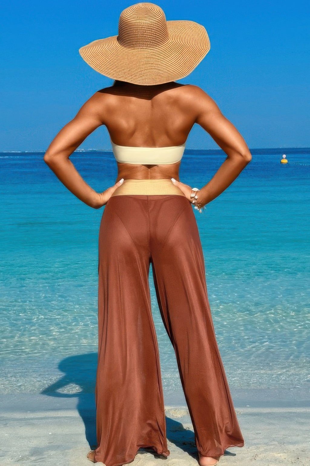 Solid Color Metal Decor Beach Bikini Pants Set
