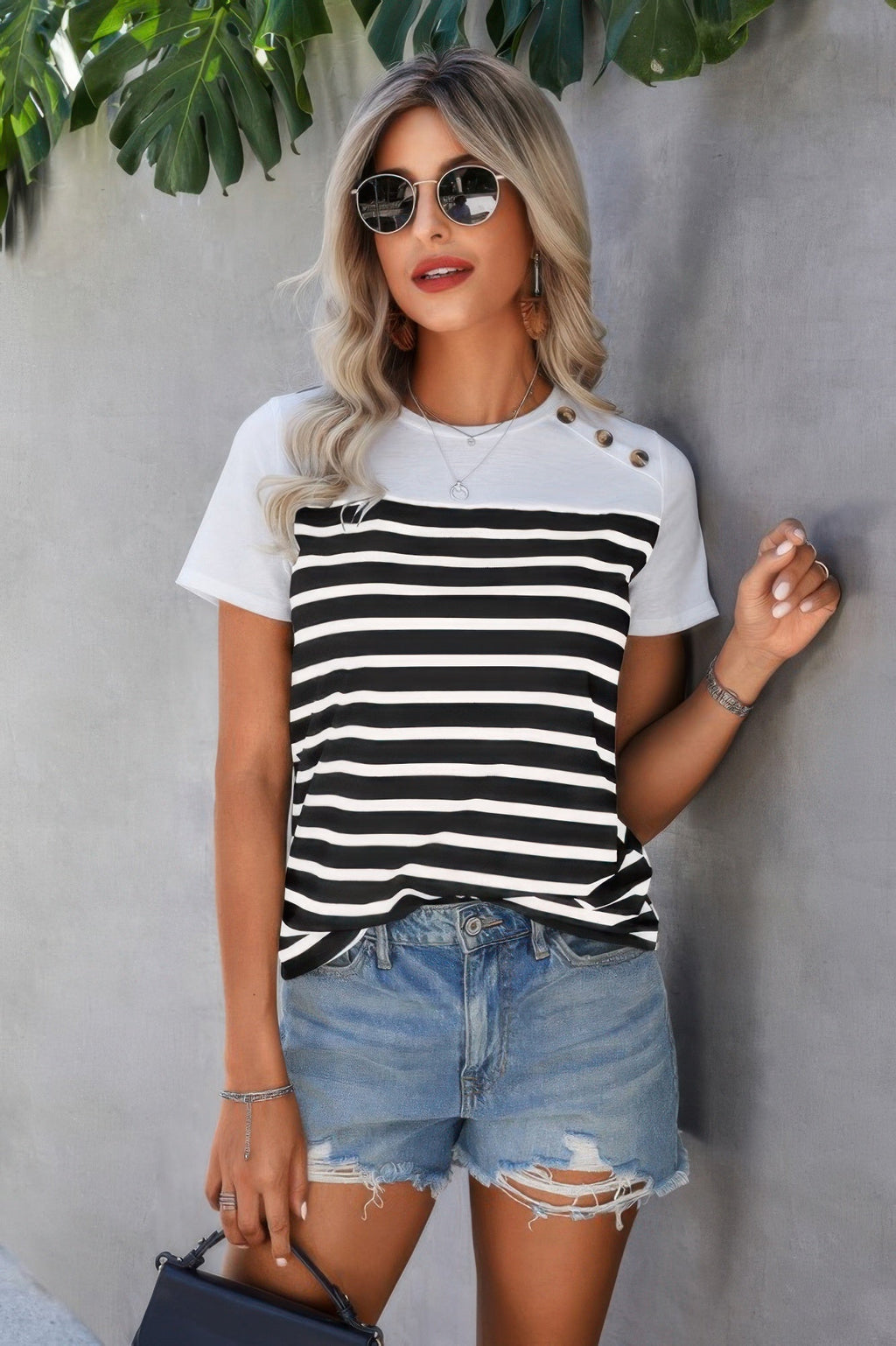 Strip Round Neck Loose Fit Button Tee