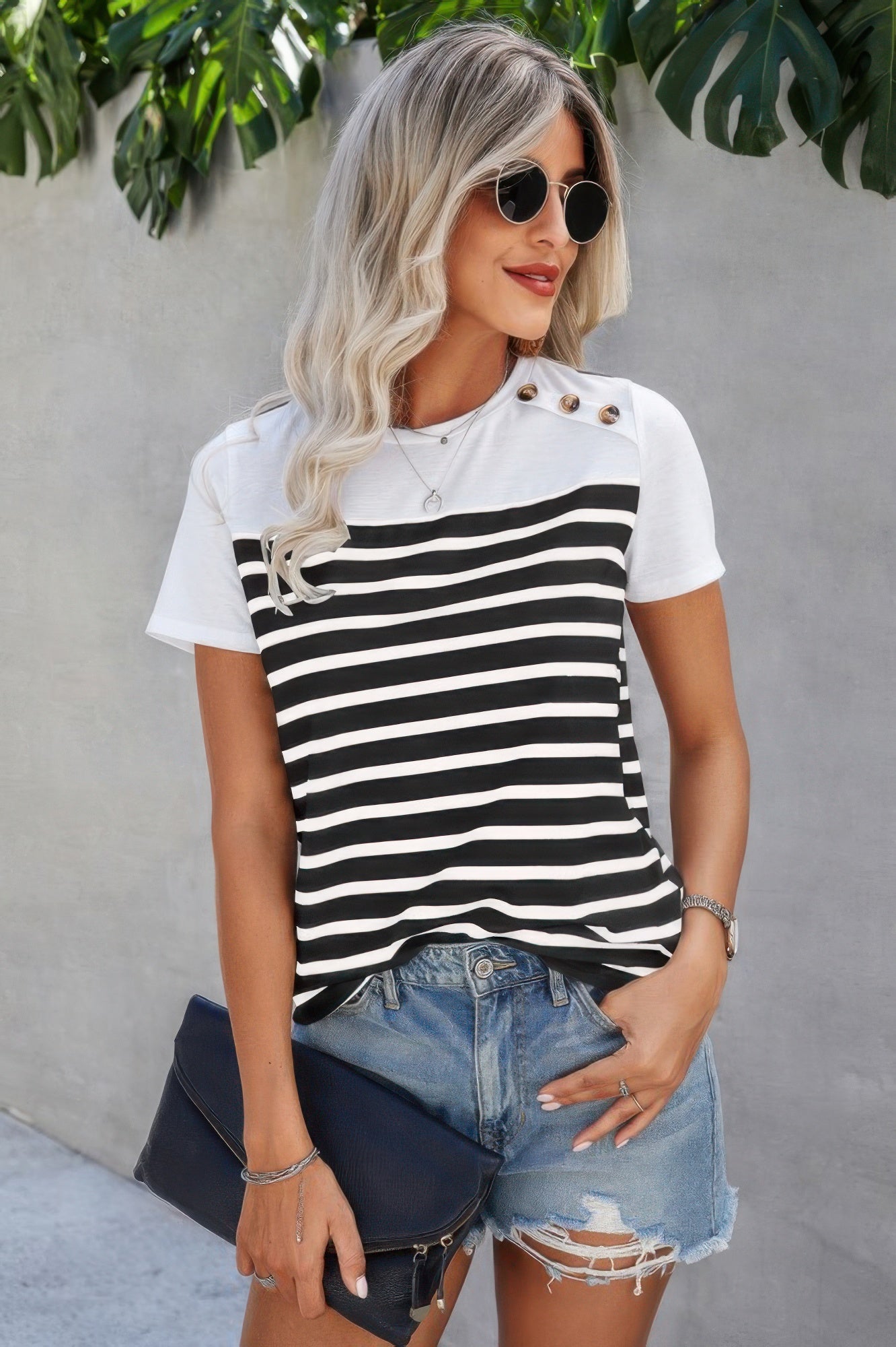 Strip Round Neck Loose Fit Button Tee