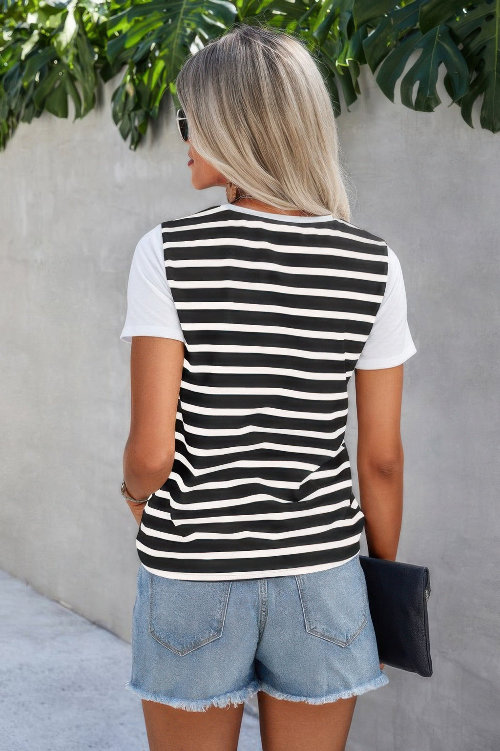 Strip Round Neck Loose Fit Button Tee