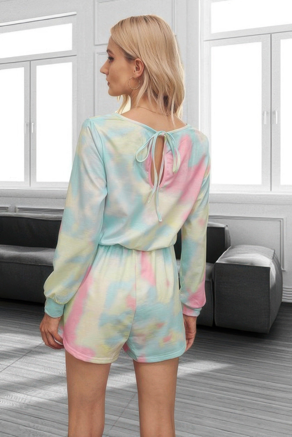 Tie Dye Round Neck Drawstring Romper