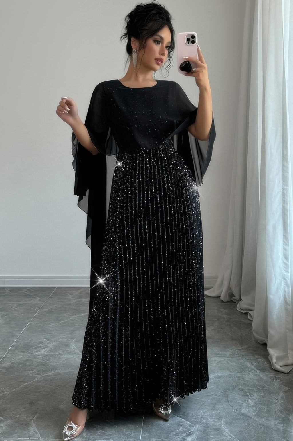 Solid Elegant Sequin Satin Knit Party Long Dress