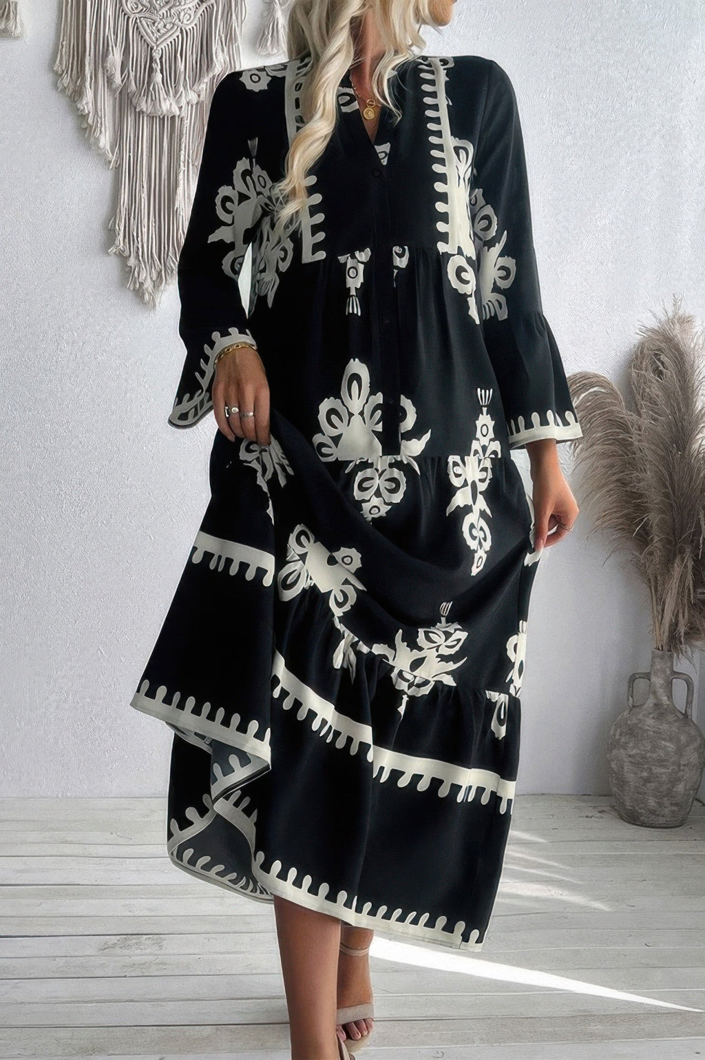 V Neck Stand Collar Button Floral Splicing Dress