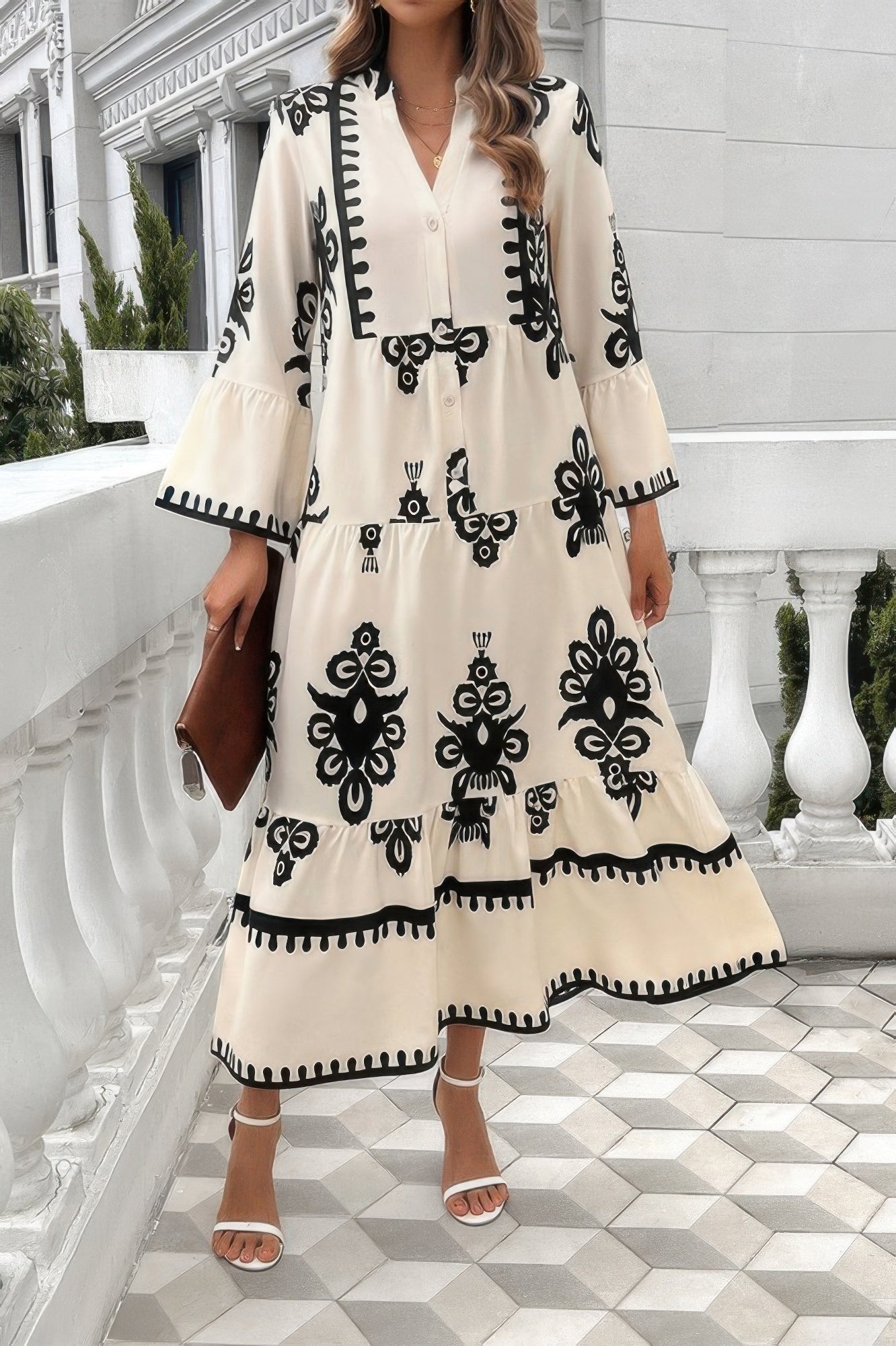 V Neck Stand Collar Button Floral Splicing Dress